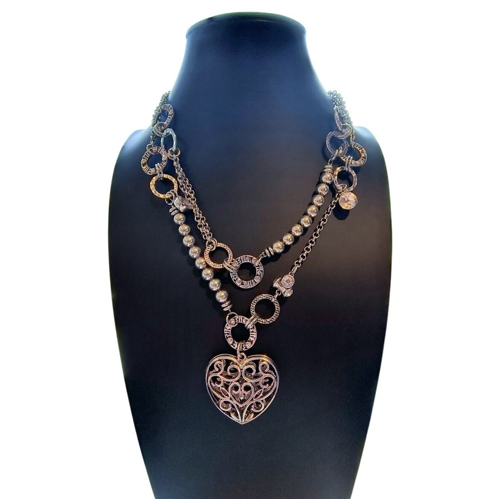 Silver Tone Filigree Heart Multi Strand Statement Necklace Crystal Accents 18"